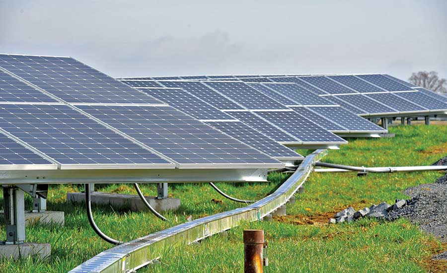 Solar panels on a grassy field