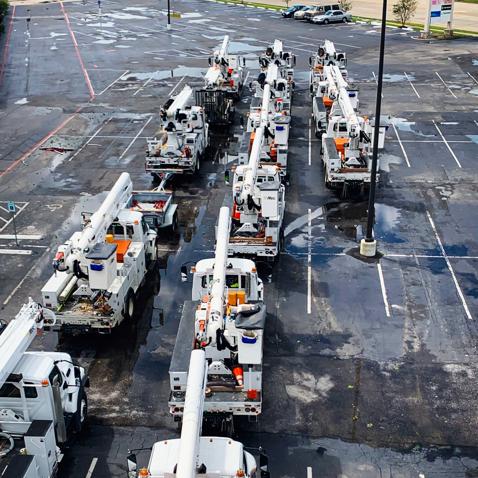 Fleet of white bucket trucks in a parking lot