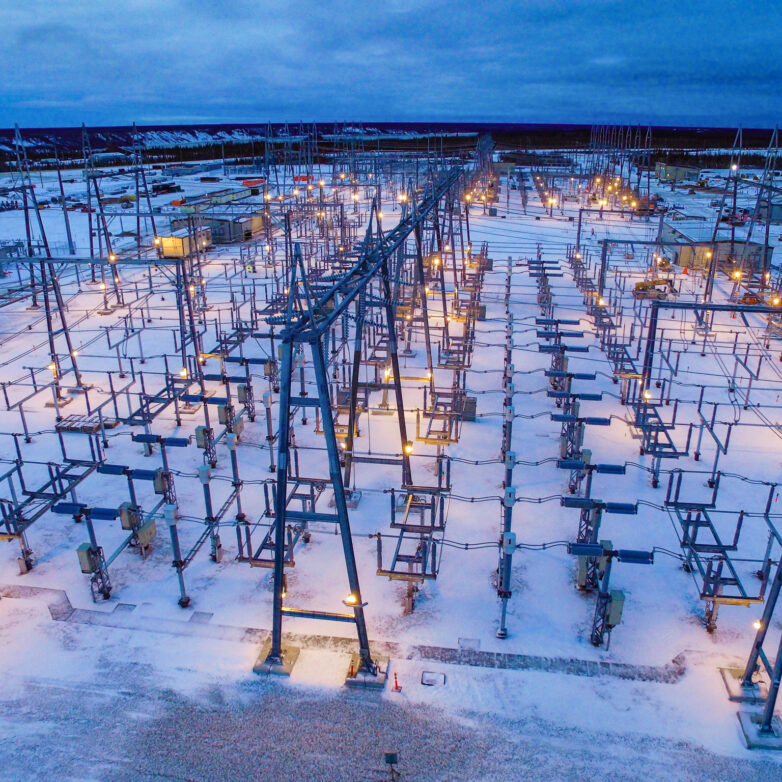 Birdseye view of substation during winter