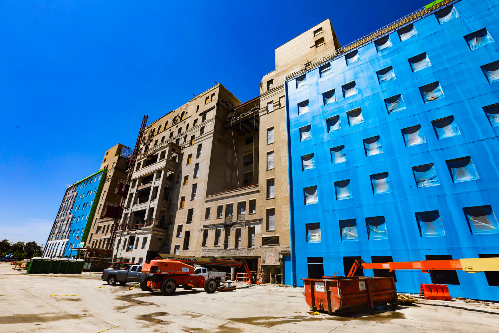 Hyatt house in Chicago during construction with blue wall coverings